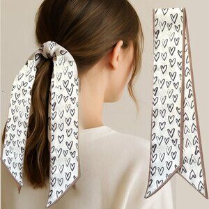 Slim Scarf Heart Print 34in White Brown Sketched Hearts Cute Style Neutral No68